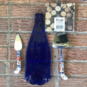 Recycled Blue Glass Wine Bottle Cheese Tray, Cheese Slicer, Server & Napkins